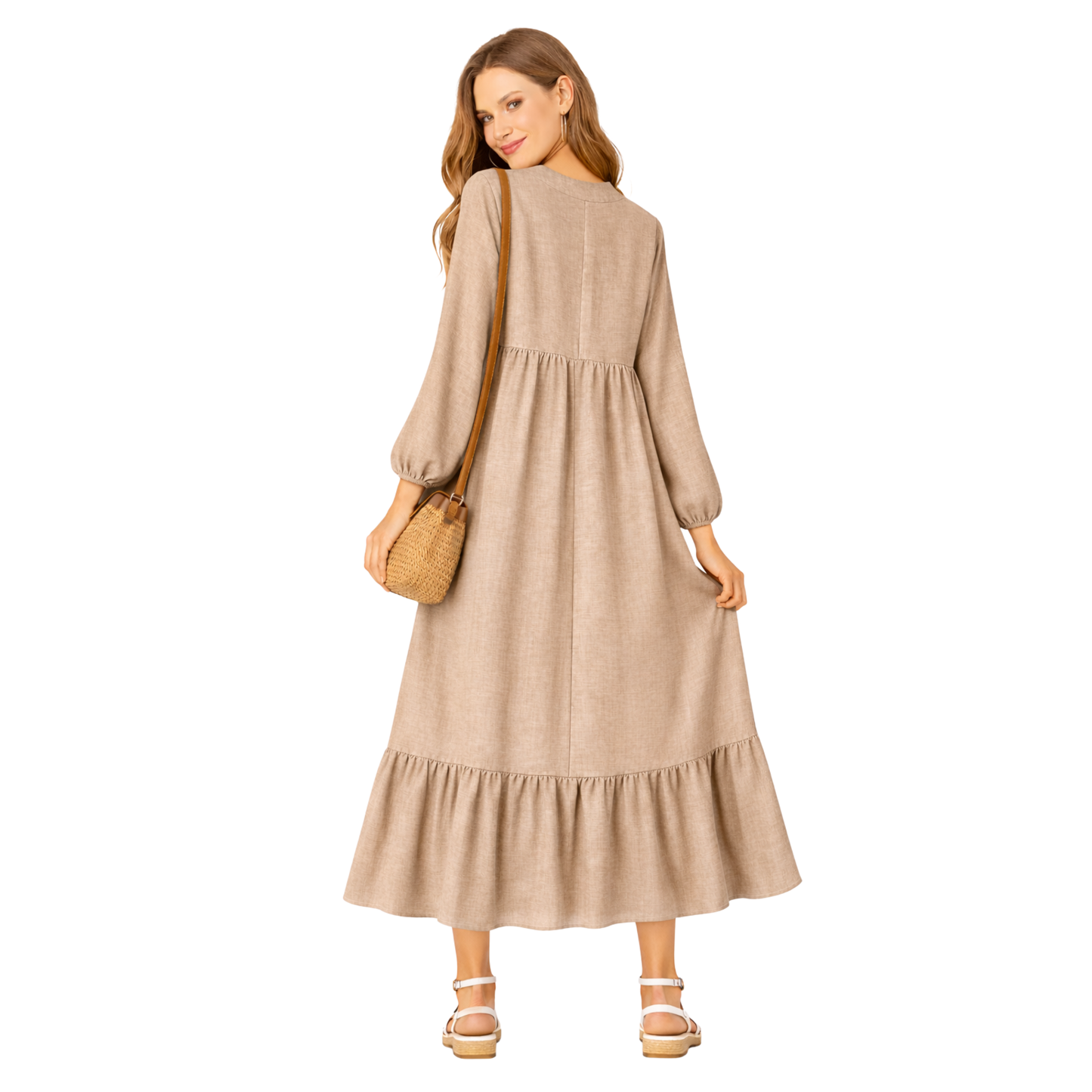 Vestito Lungo Donna Leggero con Maniche Lunghe e Taglio Morbido