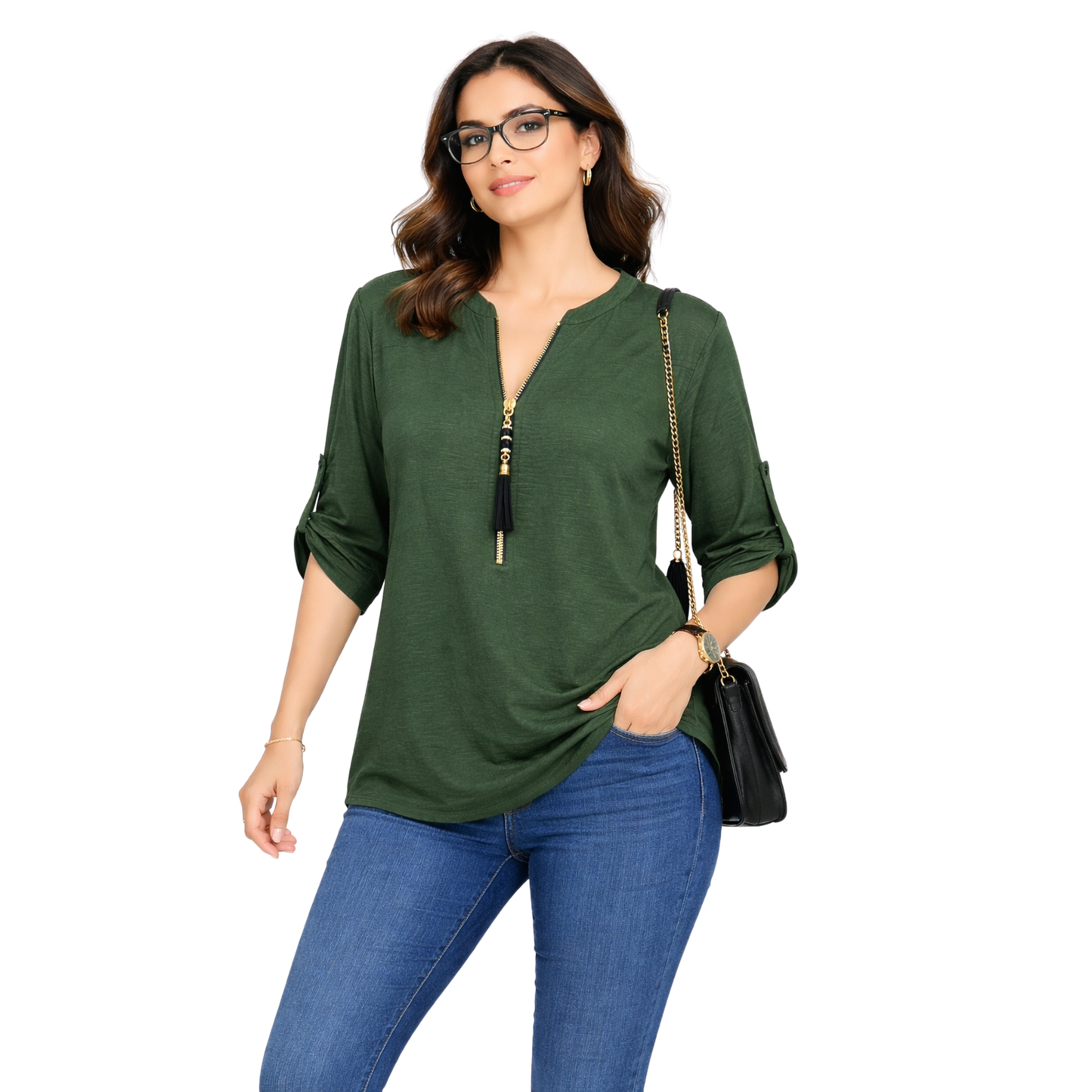 Maglia Donna con Zip Decorativa e Maniche 3/4 – Blusa Casual Elegante