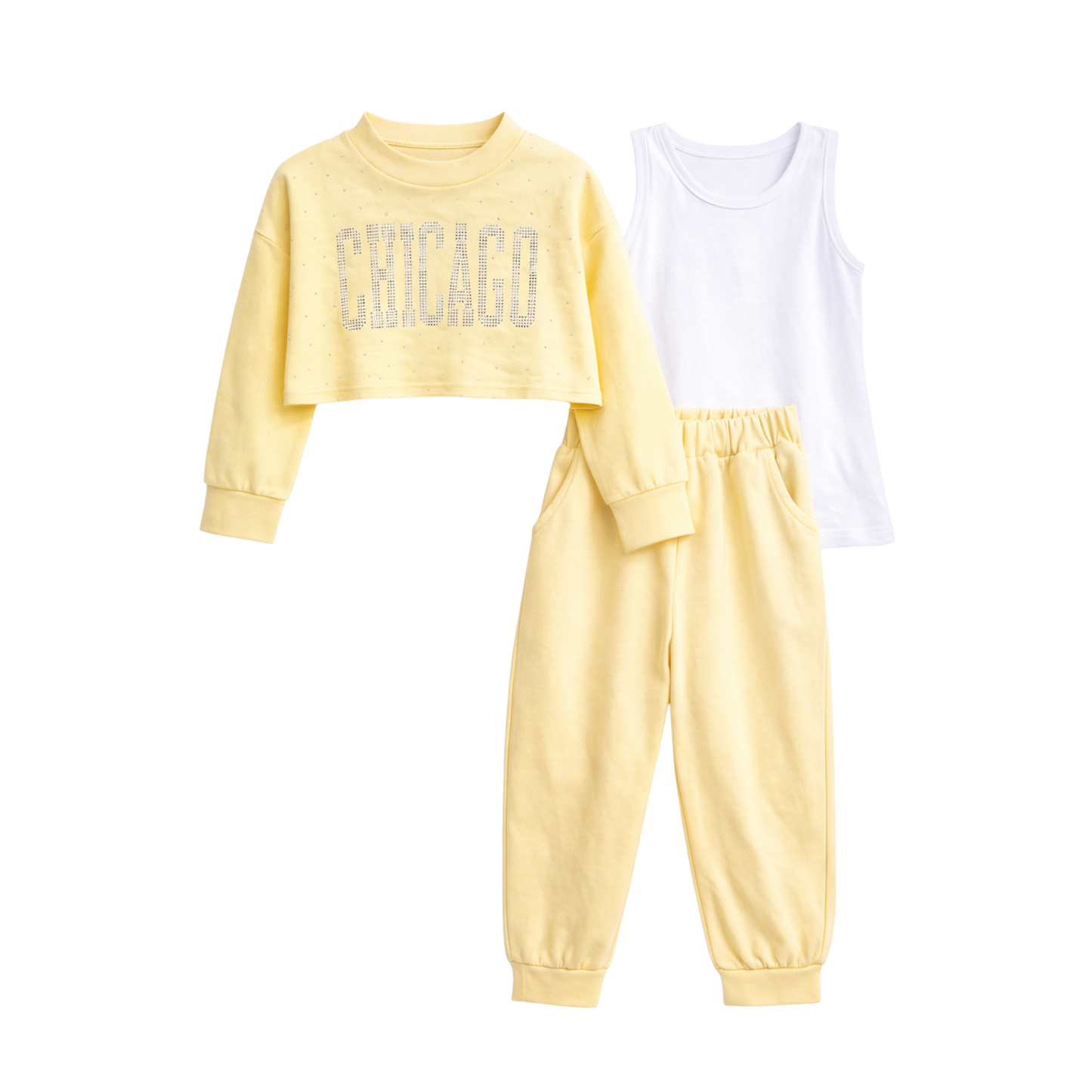 Completo Bambina 3 Pezzi Chicago con Strass e Pantaloni con Tasche