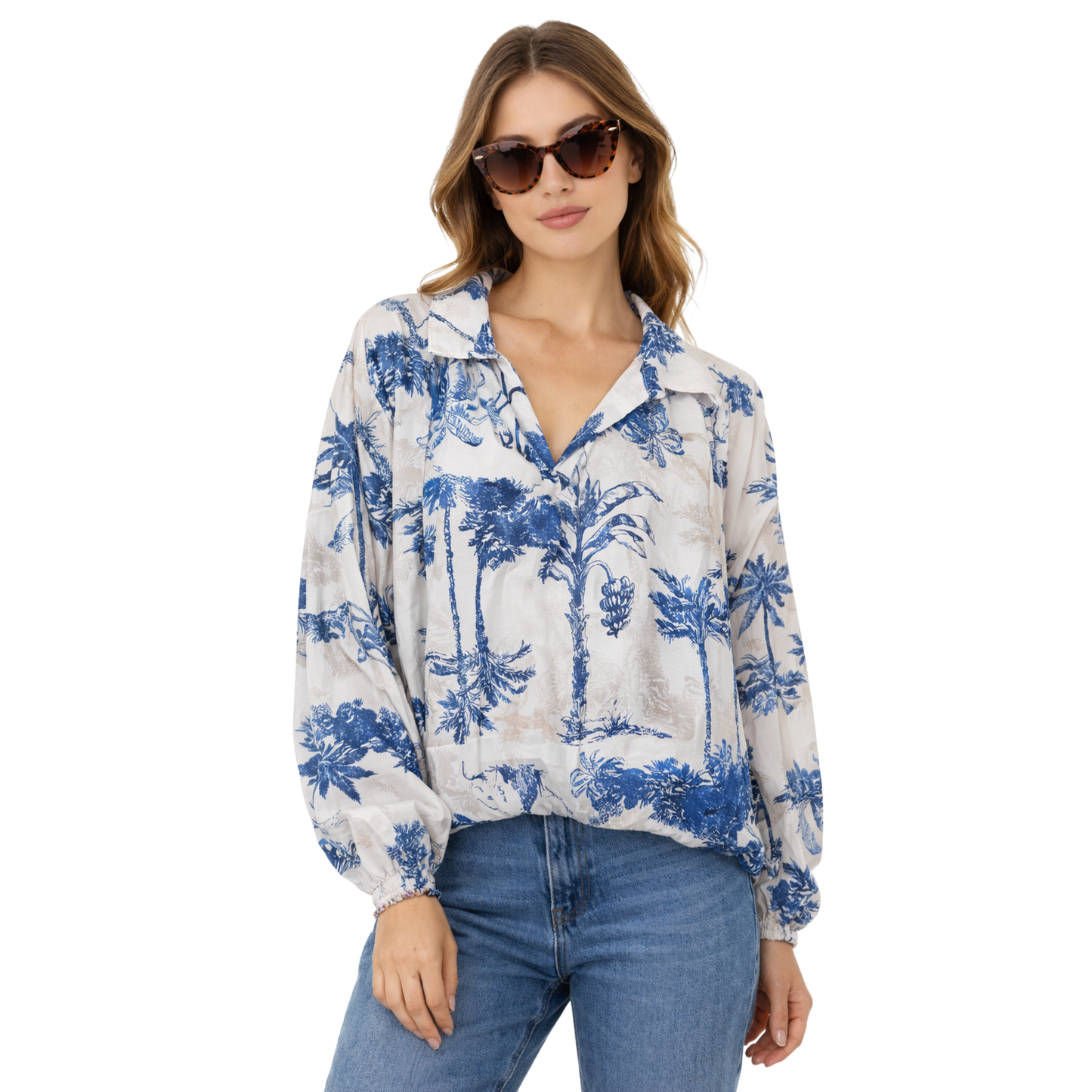 Blusa Donna Stampa Tropicale Collo Aperto