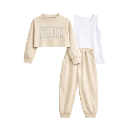 Completo Bambina 3 Pezzi Chicago con Strass e Pantaloni con Tasche