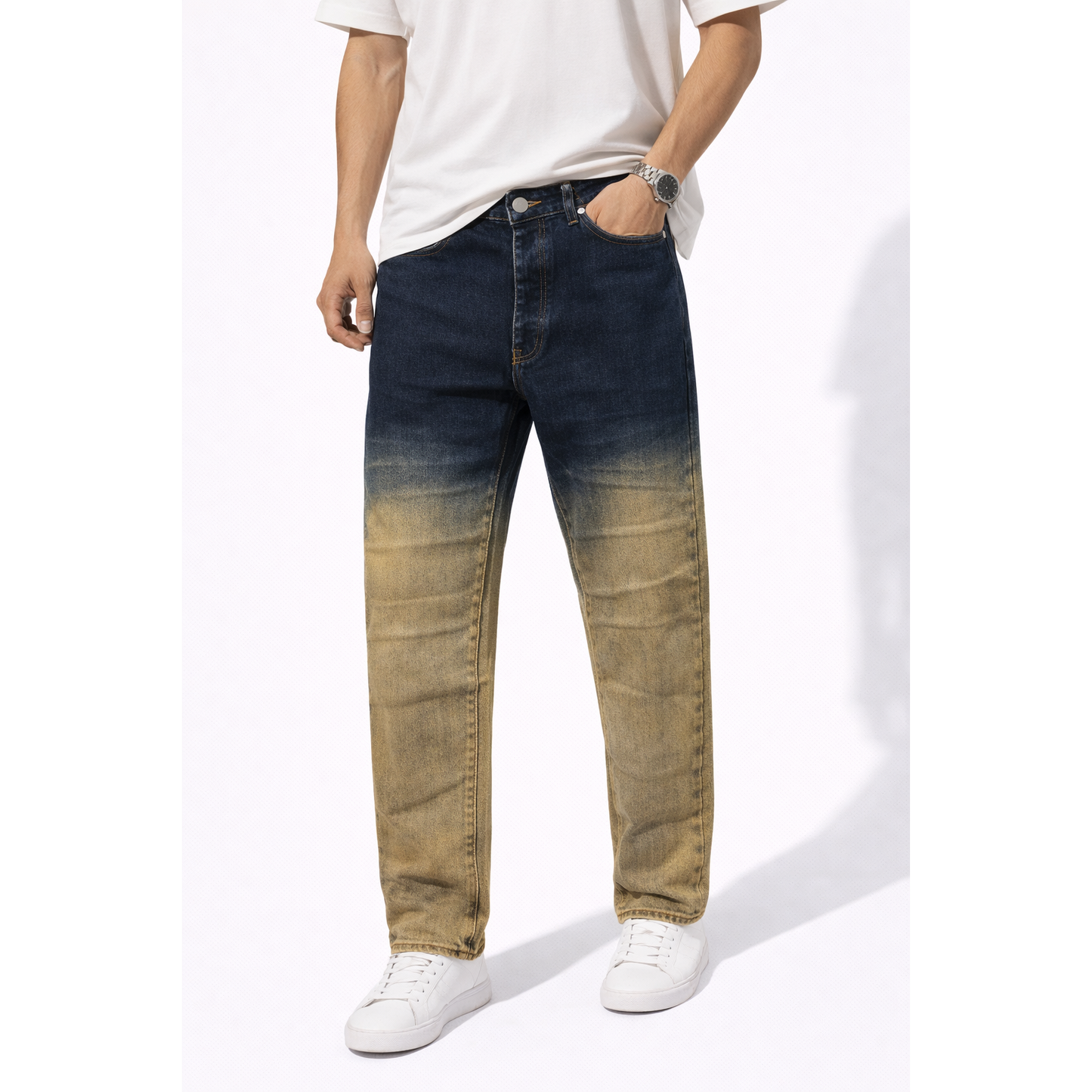 Jeans Uomo Denim Sfumato Blu-Beige Slim Fit Street Style