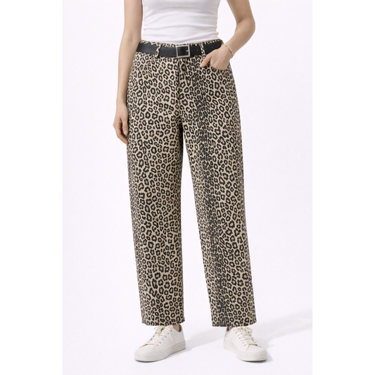 Jeans Donna Leopardati Vita Alta Wide Leg – Pantaloni Animalier Trendy Streetwear