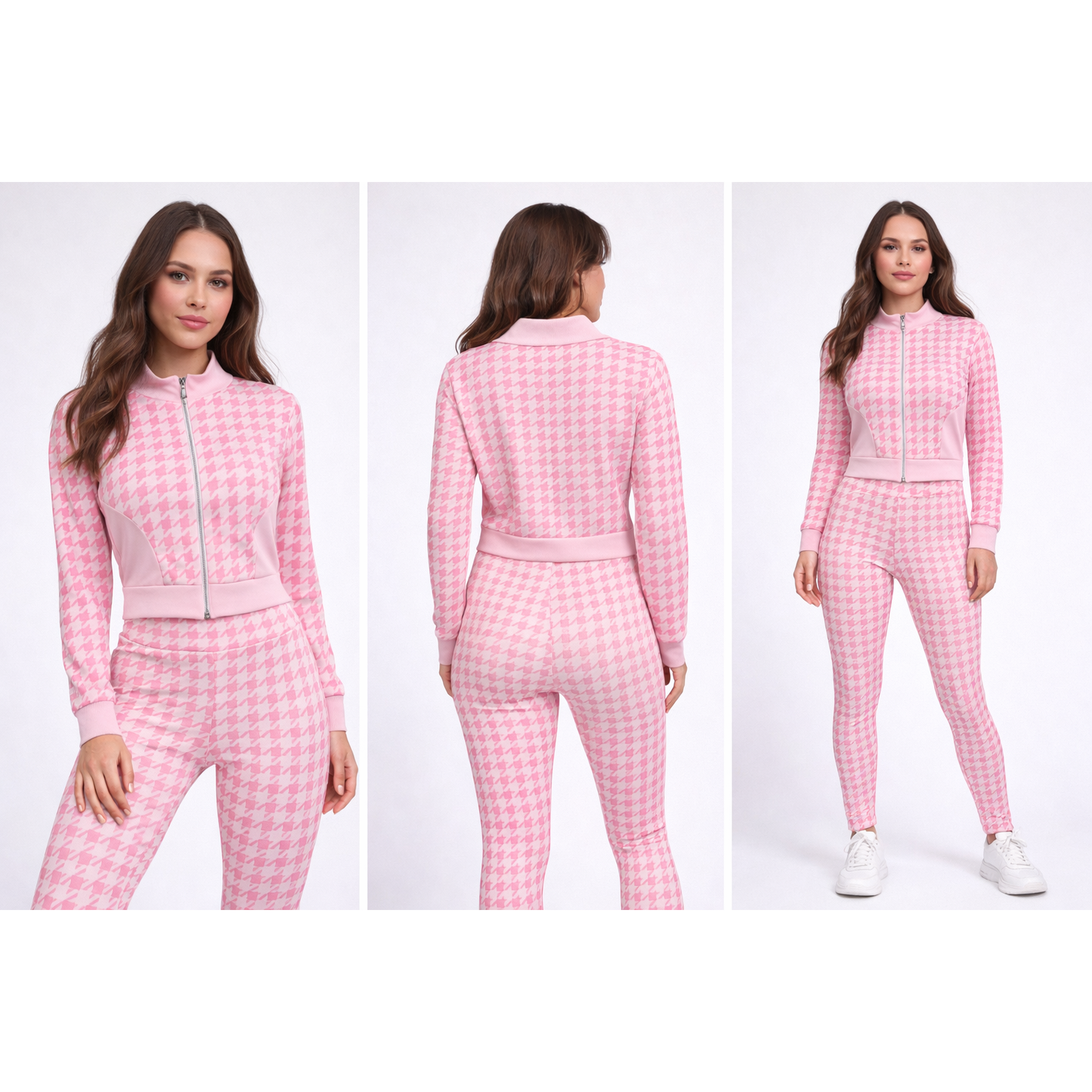 Completo Sportivo Donna Houndstooth Zip – Set Fitness 2 Pezzi Trendy Elasticizzato