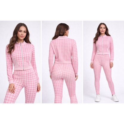 Completo Sportivo Donna Houndstooth Zip – Set Fitness 2 Pezzi Trendy Elasticizzato