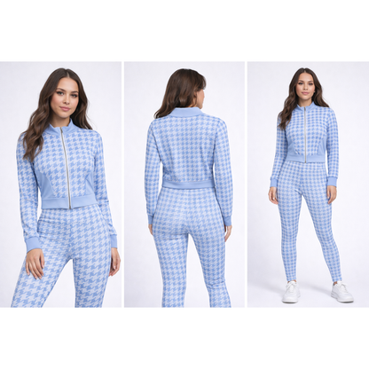 Completo Sportivo Donna Houndstooth Zip – Set Fitness 2 Pezzi Trendy Elasticizzato
