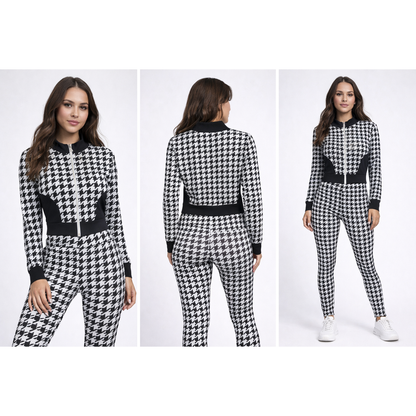 Completo Sportivo Donna Houndstooth Zip – Set Fitness 2 Pezzi Trendy Elasticizzato