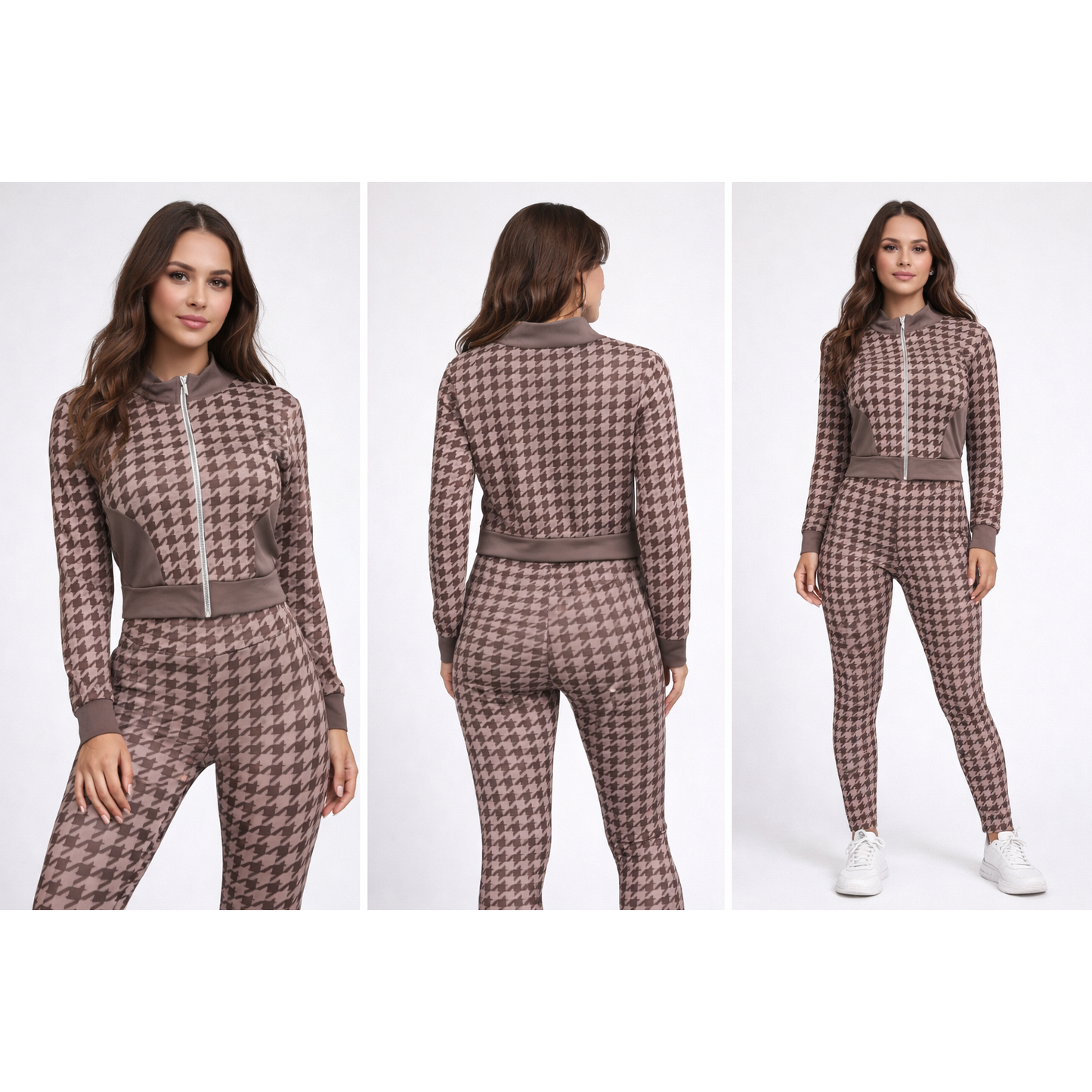 Completo Sportivo Donna Houndstooth Zip – Set Fitness 2 Pezzi Trendy Elasticizzato