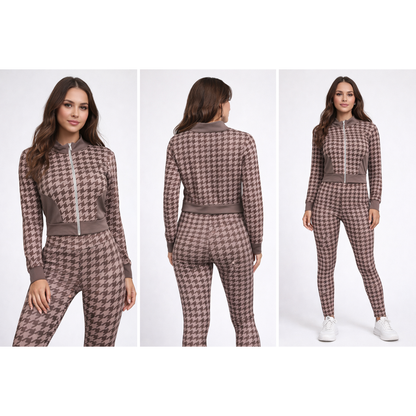 Completo Sportivo Donna Houndstooth Zip – Set Fitness 2 Pezzi Trendy Elasticizzato