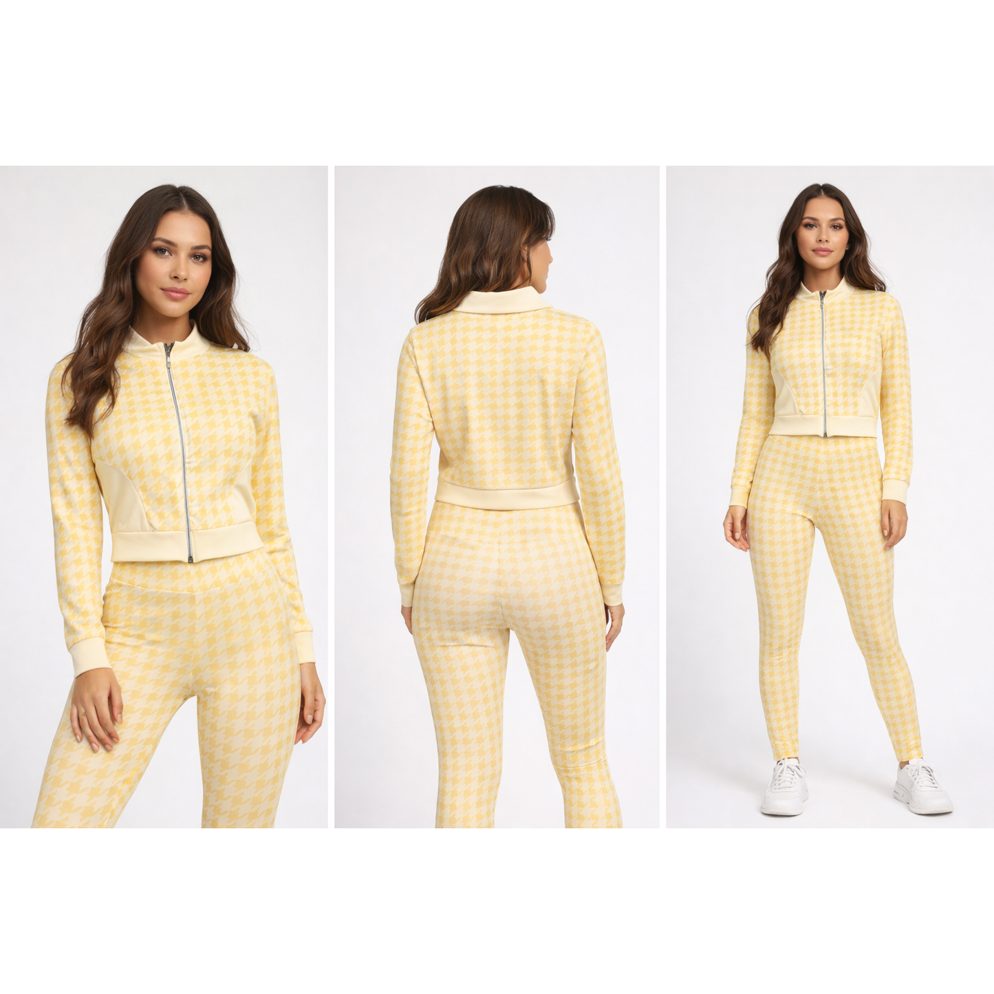 Completo Sportivo Donna Houndstooth Zip – Set Fitness 2 Pezzi Trendy Elasticizzato