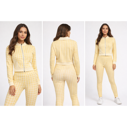 Completo Sportivo Donna Houndstooth Zip – Set Fitness 2 Pezzi Trendy Elasticizzato