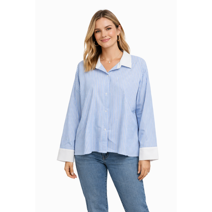 Camicia Donna Righe Azzurre con Colletto Bianco – Camicia Casual Oversize Trendy