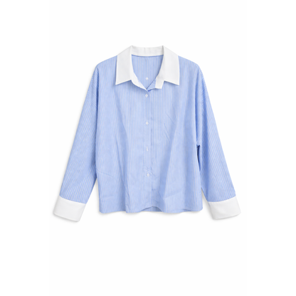 Camicia Donna Righe Azzurre con Colletto Bianco – Camicia Casual Oversize Trendy