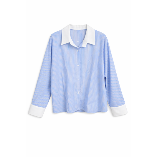 Camicia Donna Righe Azzurre con Colletto Bianco – Camicia Casual Oversize Trendy