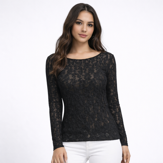 Maglia in Pizzo Elasticizzato Donna Manica Lunga – Top Trasparente Elegante Estivo