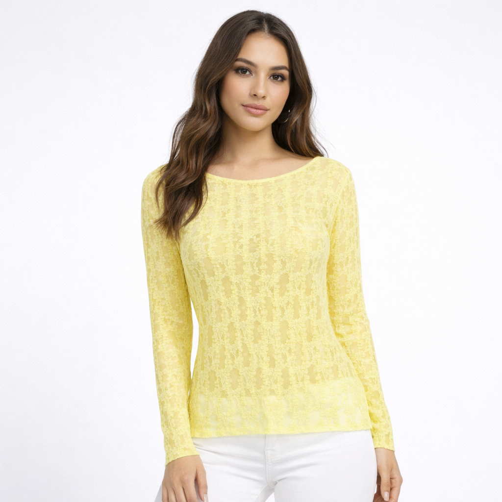 Maglia in Pizzo Elasticizzato Donna Manica Lunga – Top Trasparente Elegante Estivo