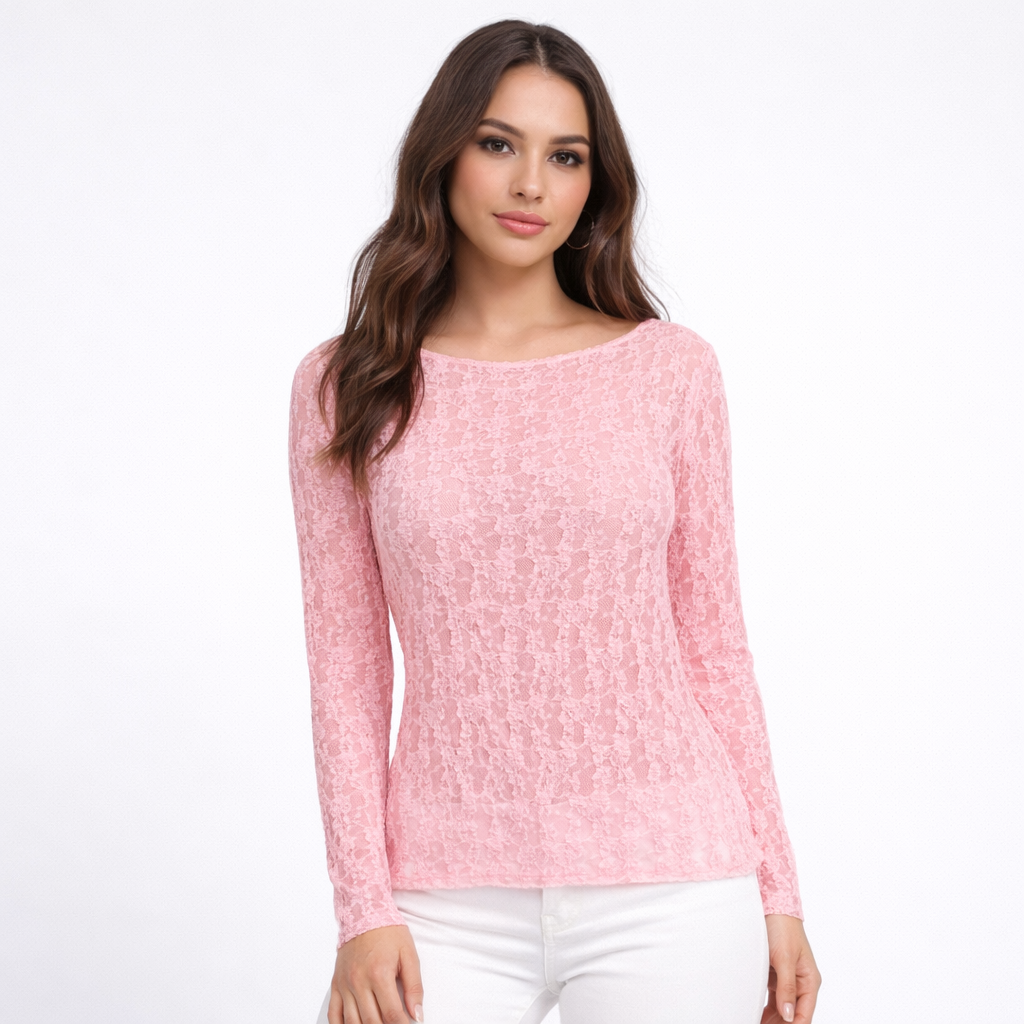 Maglia in Pizzo Elasticizzato Donna Manica Lunga – Top Trasparente Elegante Estivo