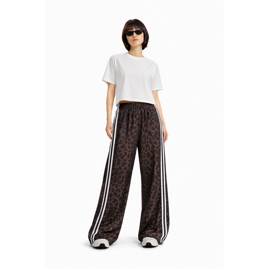 Pantaloni Leopardati Wide Leg Donna con Bande Laterali – Streetwear Y2K Oversize
