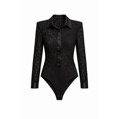 Body Camicia in Pizzo Elegante Donna con Colletto Satinato – Body Manica Lunga Slim Fit