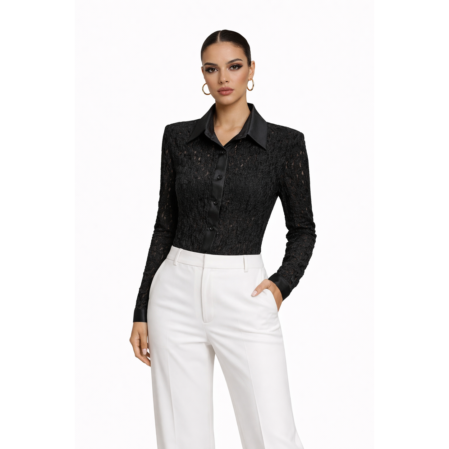 Body Camicia in Pizzo Elegante Donna con Colletto Satinato – Body Manica Lunga Slim Fit