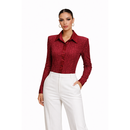 Body Camicia in Pizzo Elegante Donna con Colletto Satinato – Body Manica Lunga Slim Fit