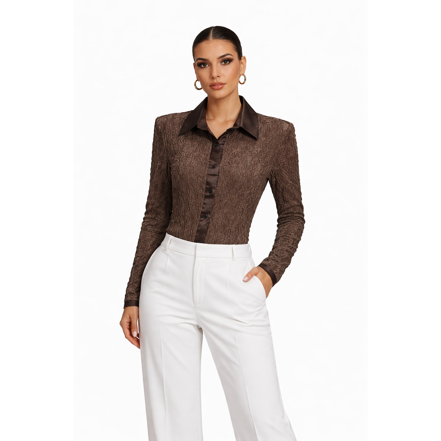 Body Camicia in Pizzo Elegante Donna con Colletto Satinato – Body Manica Lunga Slim Fit