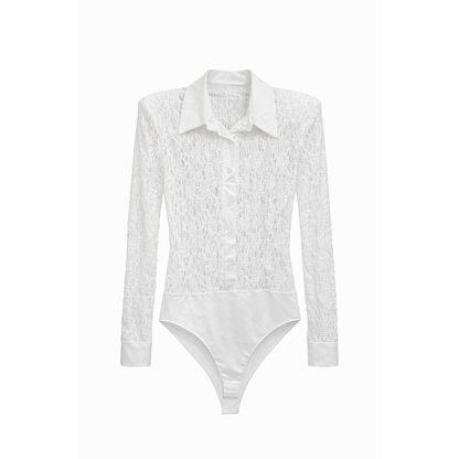 Body Camicia in Pizzo Elegante Donna con Colletto Satinato – Body Manica Lunga Slim Fit