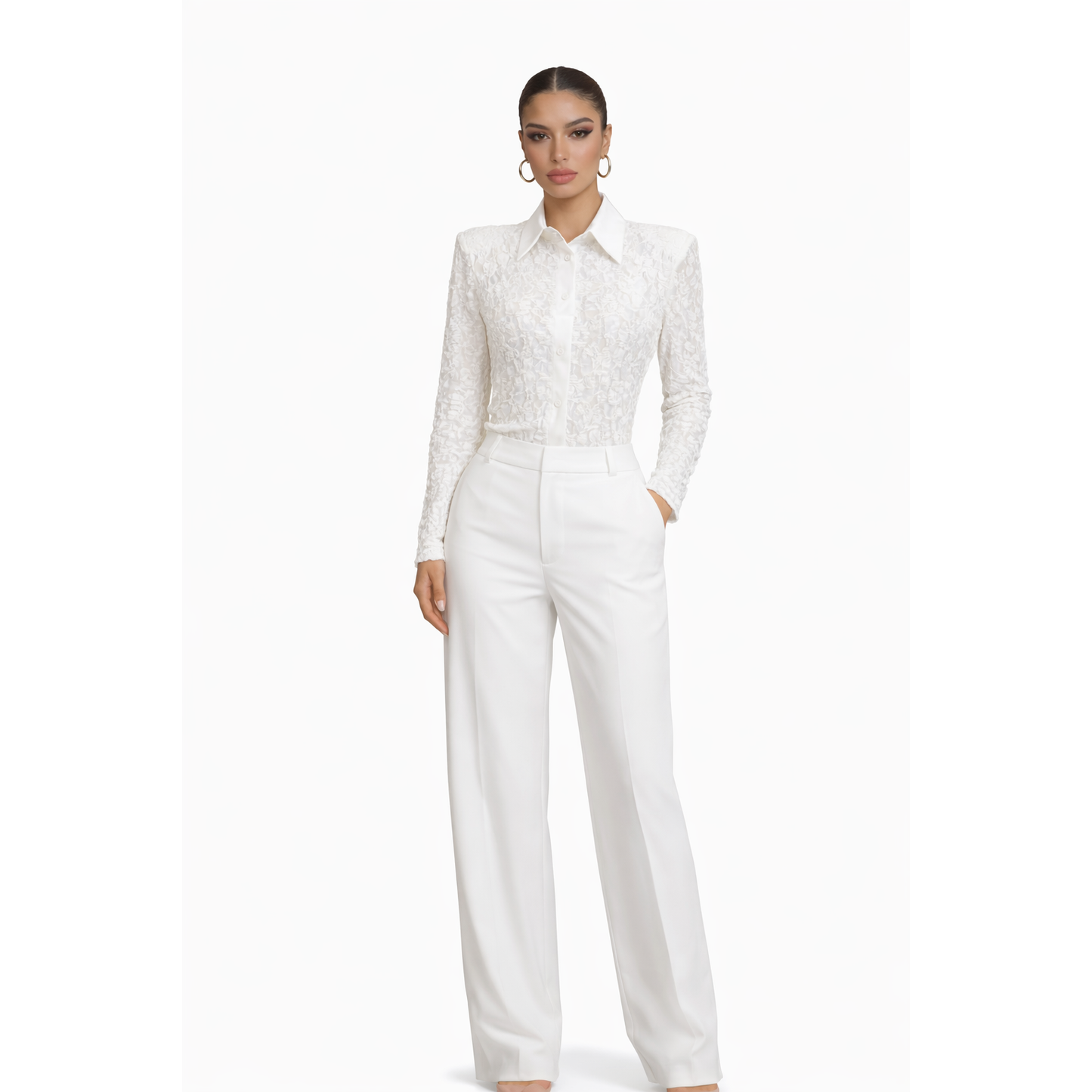 Body Camicia in Pizzo Elegante Donna con Colletto Satinato – Body Manica Lunga Slim Fit