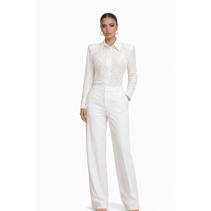 Body Camicia in Pizzo Elegante Donna con Colletto Satinato – Body Manica Lunga Slim Fit