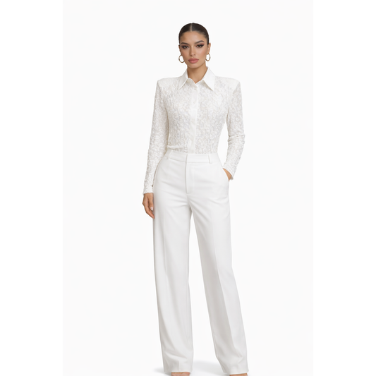 Body Camicia in Pizzo Elegante Donna con Colletto Satinato – Body Manica Lunga Slim Fit