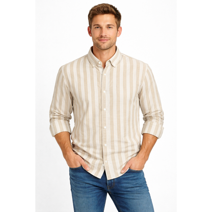 Camicia Uomo a Righe Verticali Slim Fit in Cotone Leggero – Beige, Blu e Grigio | Stile Estivo Casual Elegante