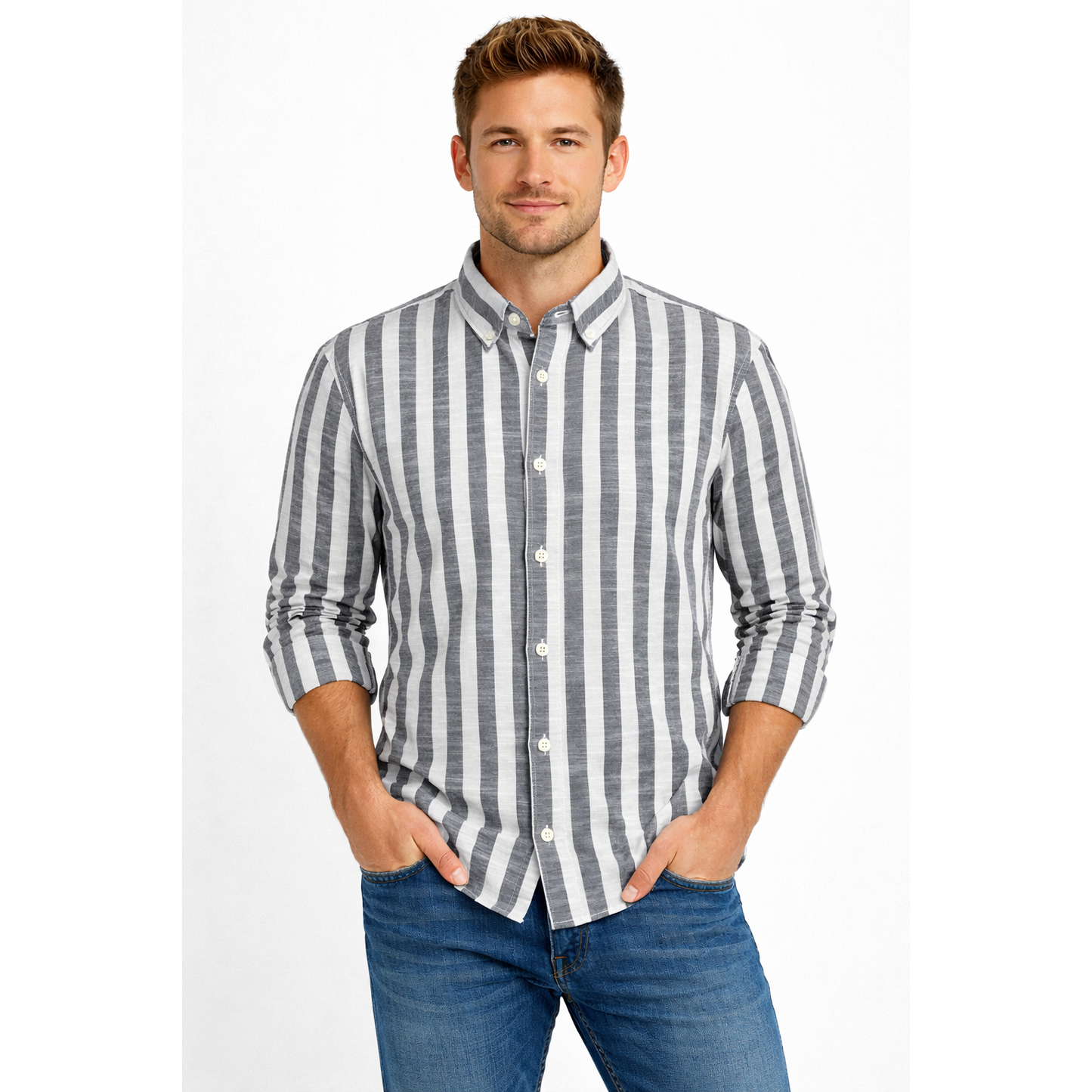 Camicia Uomo a Righe Verticali Slim Fit in Cotone Leggero – Beige, Blu e Grigio | Stile Estivo Casual Elegante