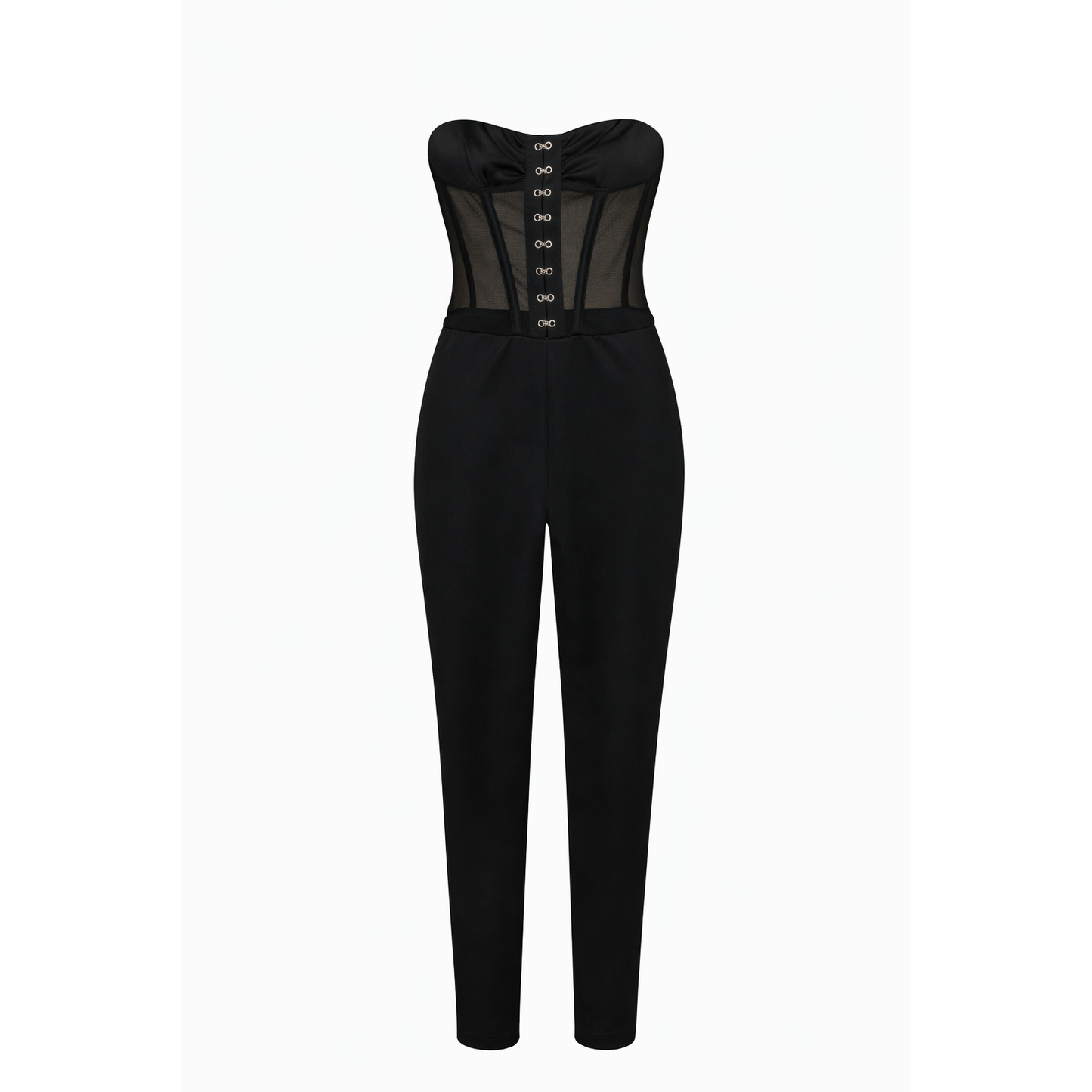 Tuta Donna Nera Corsetto in Rete Trasparente – Jumpsuit Elegante Senza Spalline Slim Fit Party & Serata