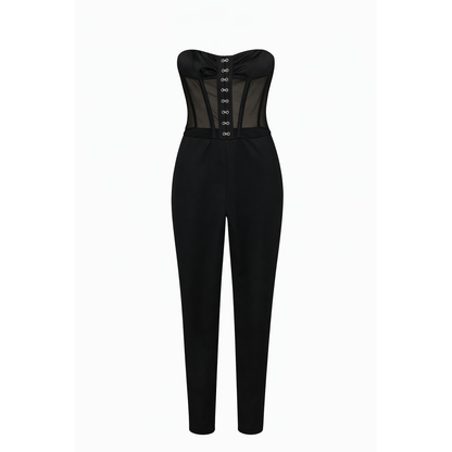 Tuta Donna Nera Corsetto in Rete Trasparente – Jumpsuit Elegante Senza Spalline Slim Fit Party & Serata