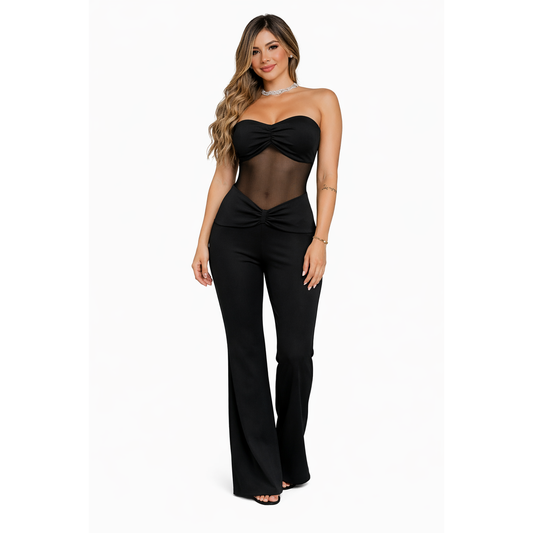 Tuta Donna Elegante con Inserti in Rete Trasparente – Jumpsuit Strapless Modellante Nero & Marrone
