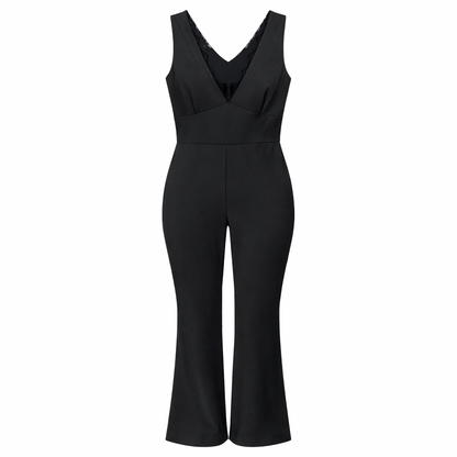 Tuta Nera Donna Elegante con Scollo a V e Gamba Flare – Jumpsuit Slim Fit Moda Estate