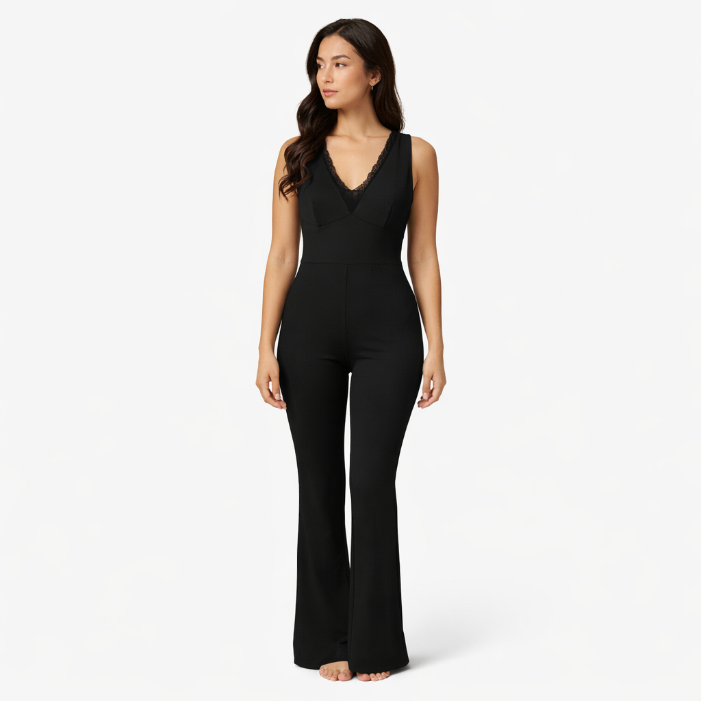 Tuta Nera Donna Elegante con Scollo a V e Gamba Flare – Jumpsuit Slim Fit Moda Estate