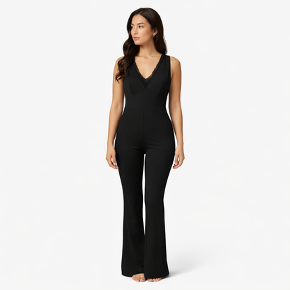 Tuta Nera Donna Elegante con Scollo a V e Gamba Flare – Jumpsuit Slim Fit Moda Estate