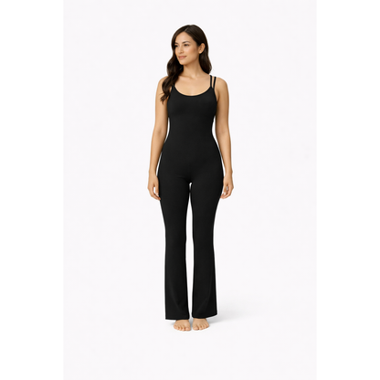 Tuta Nera Aderente con Spalline Sottili – Jumpsuit Donna Slim Fit Senza Maniche