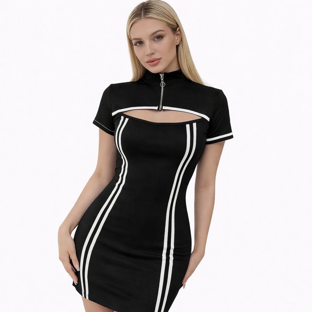 Mini Abito Sportivo Nero/Marrone con Zip e Bande Laterali – Vestito Aderente Streetwear Donna