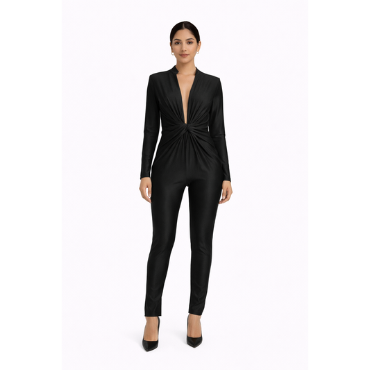 Tuta Donna Elegante Marrone con Nodo Frontale – Jumpsuit Aderente Manica Lunga Chic