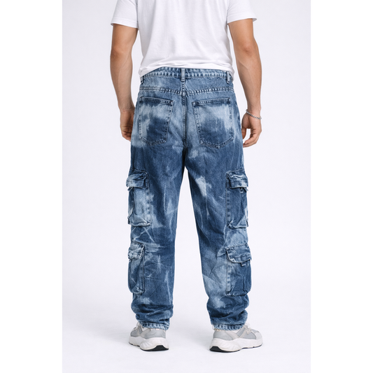 Jeans Cargo Uomo Denim Lavaggio Vintage – Pantaloni Streetwear Multi Tasche Oversize