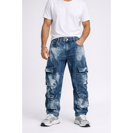 Jeans Cargo Uomo Denim Lavaggio Vintage – Pantaloni Streetwear Multi Tasche Oversize