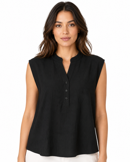 Blusa Donna Smanicata con Collo alla Coreana e Bottoni