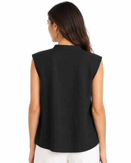 Blusa Donna Smanicata con Collo alla Coreana e Bottoni