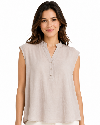 Blusa Donna Smanicata con Collo alla Coreana e Bottoni