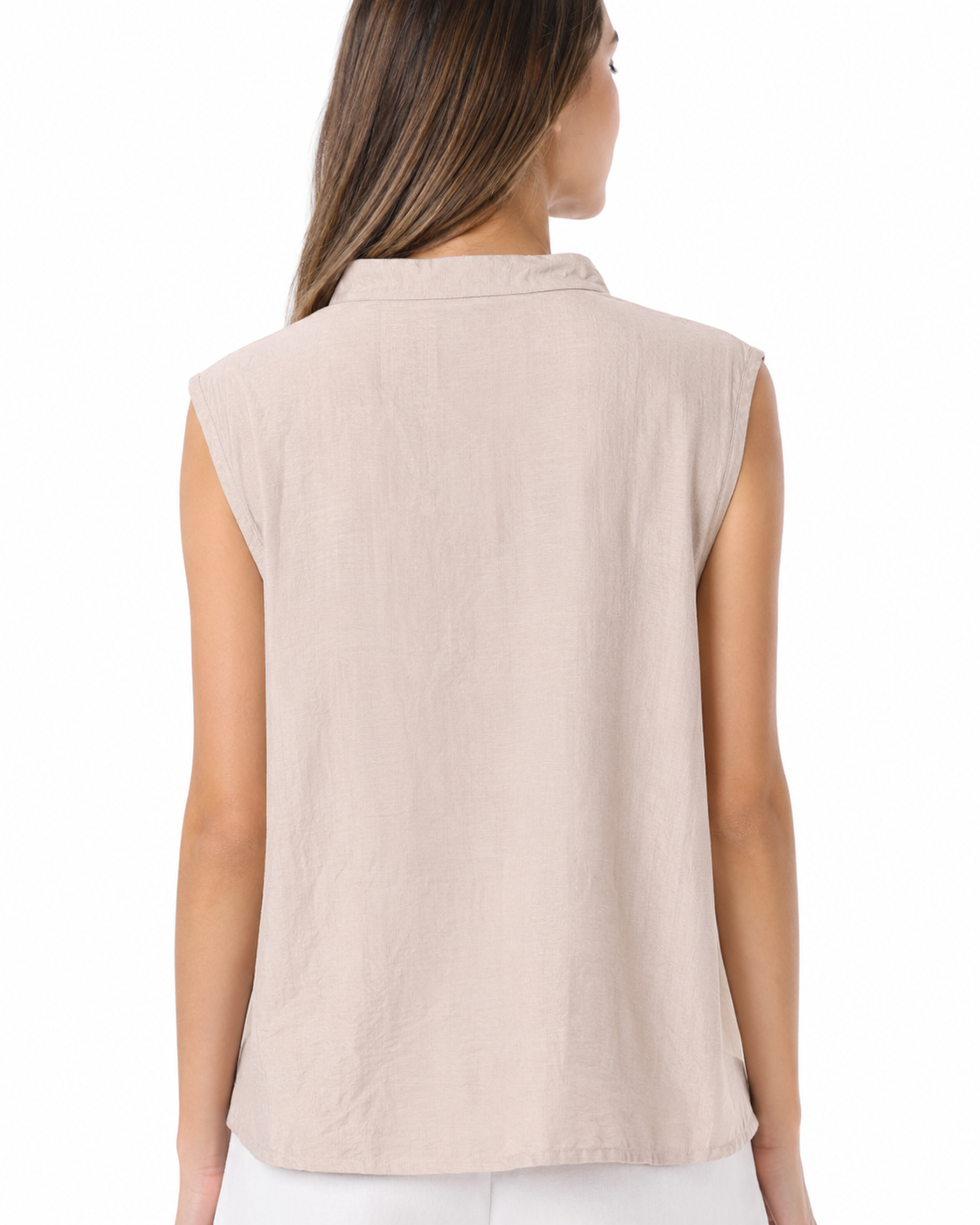 Blusa Donna Smanicata con Collo alla Coreana e Bottoni