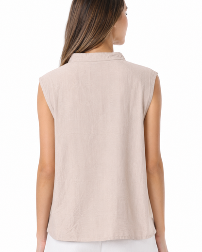 Blusa Donna Smanicata con Collo alla Coreana e Bottoni