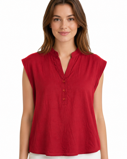 Blusa Donna Smanicata con Collo alla Coreana e Bottoni