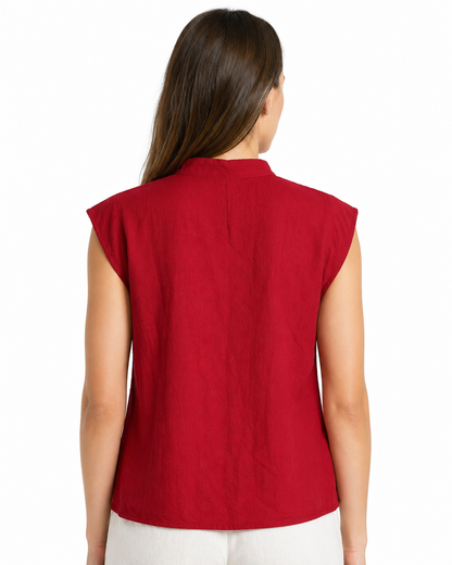 Blusa Donna Smanicata con Collo alla Coreana e Bottoni